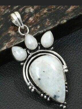 925 Sterling Silver Triple White High Grade Moonstones Pendant|Rainbow Flash New